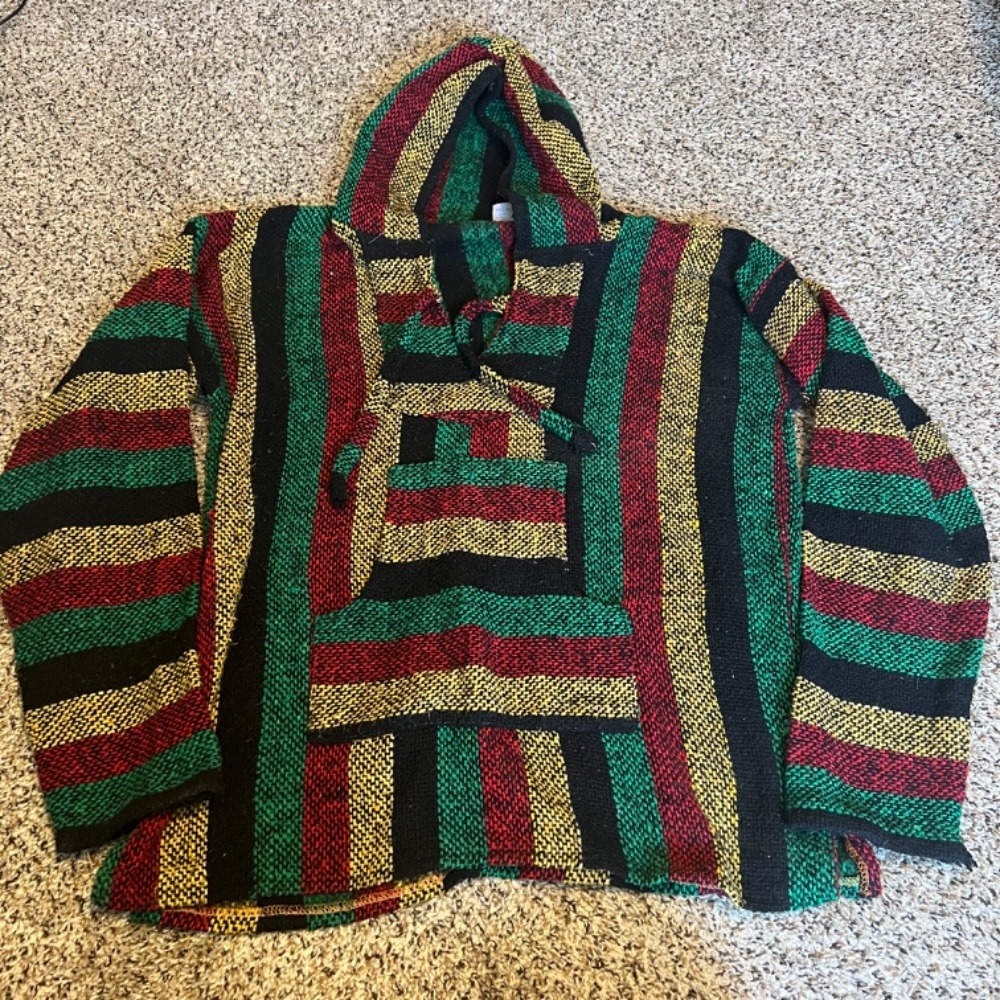 Artesanias Mickey Baja‎ Hoodie Drug Rug Pullover Festival Striped Sweater Size L